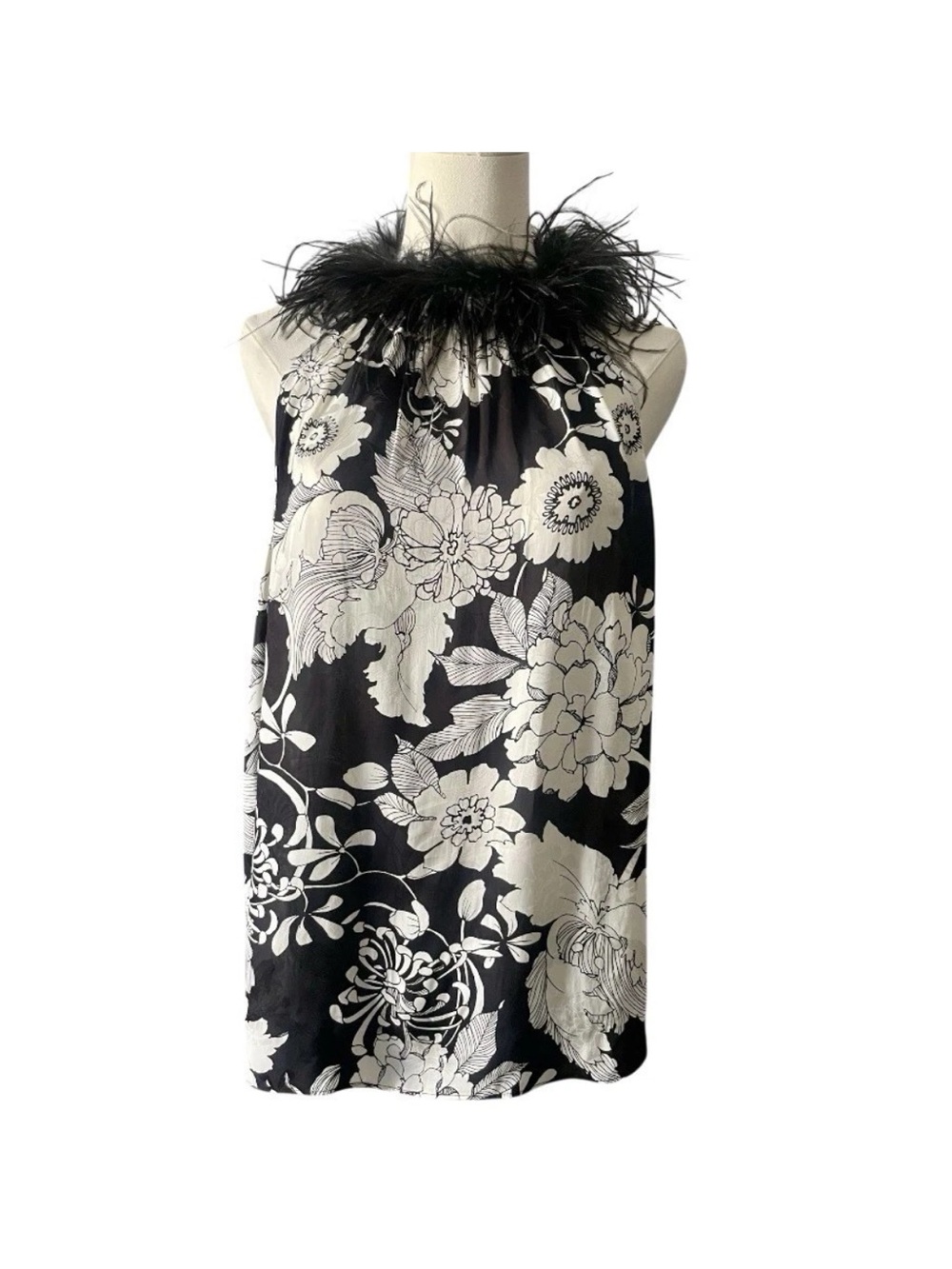 Trina Turk Grand Feather-Embellished Halter Top Floral Black White NWT Small